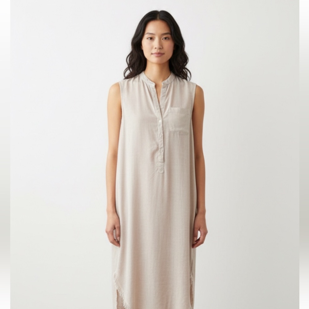 NSF  RENNY SLEEVELESS HI-LO LINEN FLOWY DRESS RAW EDGE HEM‎ BOHO LAGENLOOK SZ SM
